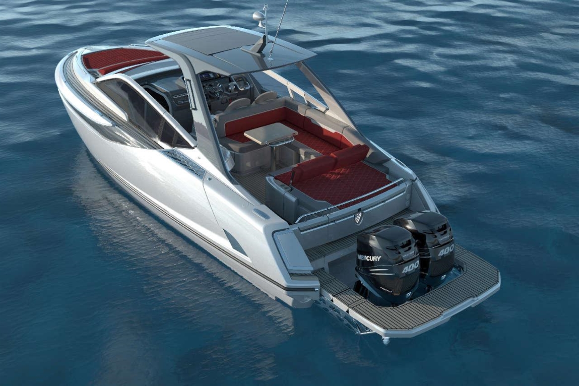 A sleek motorboat with a spacious seating area and two Mercury 400 outboard engines, floating on calm blue waters.